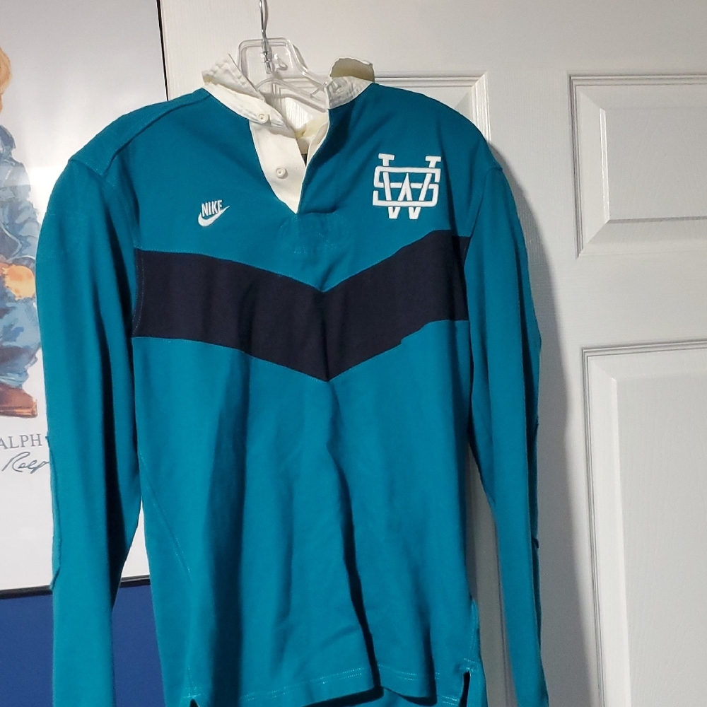 Nike Teal and Navy Long Sleeve Rugby Top Sz M